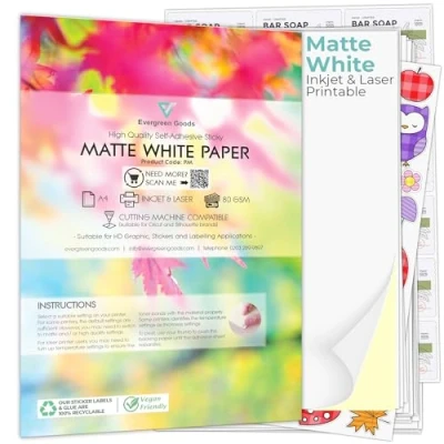 Imagen de Evergreen Goods 100 Hojas A4 Blanco Mate Papel Autoadhesivo para Impresión de Etiquetas, Adhesivas Inkjet y Láser, Impresora Aplicaciones Gráficas Etiquetado