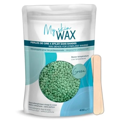 Imagen de My Skin Wax Perlas de Cera Para Depilación Sin Bandas, 400g, Hipoalergénico, Depilatoria Indolora Enrojecimiento, Especial Pieles Sensibles Hombre Mujer, Depilar Facial, Brasileño Verde