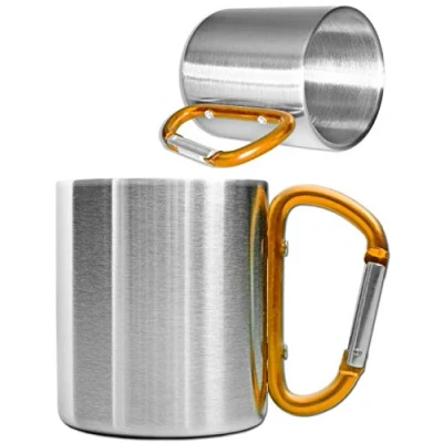 Imagen de Outdoor Saxx® Taza de camping resistente con mango mosquetón, acero inoxidable, 250 ml (plata/naranja)