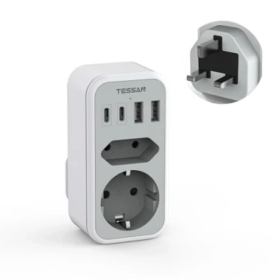 Imagen de TESSAN Adaptador Enchufe UK, 6 en 1 Irlanda con 2 USB C y A, Ingles a Español, Adapter Reino Unido, Tipo G para Londres Inglaterra Escocia