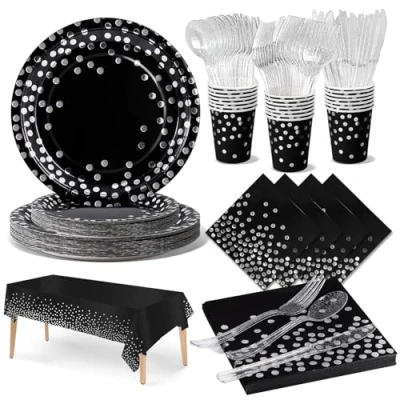 Imagen de Nkaiso 141 Piezas Negro y plata vajilla Fiesta Cumpleaños, Platos Vaso Cumpleaños Infantil, Juego de para Fiestas Vasos Servilletas Reutilizable Cubiertos 20 Invitados