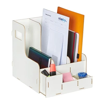 Imagen de Relaxdays Stehsammler 3 Fächer &amp; Utensilienbox Archivador, Compartimentos, Formato A4, Revistero, Organizador Material Escritorio, Oficina, MDF, Blanco, Tablero de Fibras, Schuber