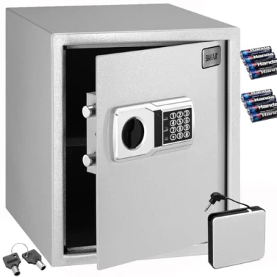 Imagen de BAKAJI caja fuerte electrónica de seguridad con batería externa, valores y documentos antirrobo para casa, hotel, armario pared o independiente, 40 x 35 cm (gris)