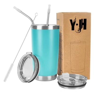 Imagen de Y·JH 20oz (550ml) Taza Termo Cafe Para Llevar Vaso Con Pajita Térmica de Acero Inoxidable Reusable 2 Tapas a Prueba Salpicaduras Pajitas Turquesa
