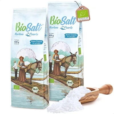 Imagen de BioSalt Nortem Pearls Sal Marina Virgen Ecológica 2x650 g Grano Extragrueso. Gourmet 100% Natural. Rica en Minerales. Cocina Sana. Sin Refinar, Conservantes.