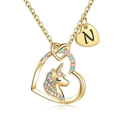 Imagen de TINGN Unicornio Regalos para Niñas Collar de Oro, chapado en oro 14 quilates Cadena Inicial K Collares Mujeres Niña Corazón Colgante