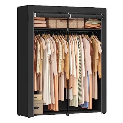 Imagen de SONGMICS Armario de Tela, Portátil con Barras para Colgar, Perchero, Plegable, Guardarropa, Dormitorio, Estudio, 140 x 43 174 cm, Negro Tinta RYG02BK