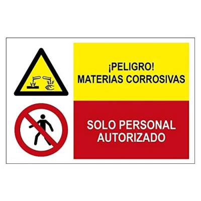 Imagen de MovilCom® Señal combinada ¡PELIGRO! MATERIAS CORROSIVAS/PROHIBIDO SOLO PERSONAL AUTORIZADO de 600X400mm ADHESIVO (ref.PRD4360603)