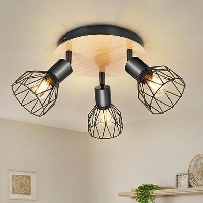 Imagen de Kimjo Lampara Techo Focos Led Orientable Salon 3 de Negro Madera E14 Barras Aplique Dormitorio No Bombillas
