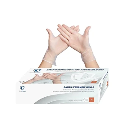 Imagen de 100 Guantes vinilo transparente OneProtek de examen desechables sin polvo ni látex Cómodo y resistente Talla M