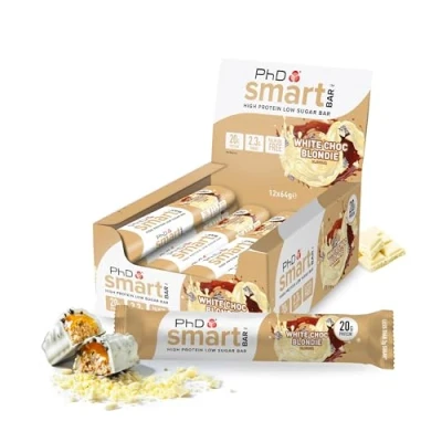 Imagen de PhD Nutrition Smart Bar Barra de proteína Chocolate Blanco 12 x 64g Snack alto en proteínas con 20g y bajo azúcar, amigable los macros.