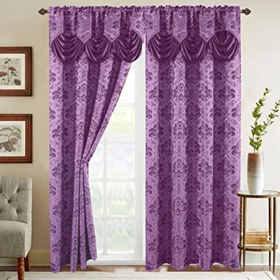 Imagen de Elegant Comfort Juego de Paneles Cortina Aspecto Jacquard con Cenefa Cascada adjunta, (Juego 2), 54 x 84 Pulgadas, Lila/Morado