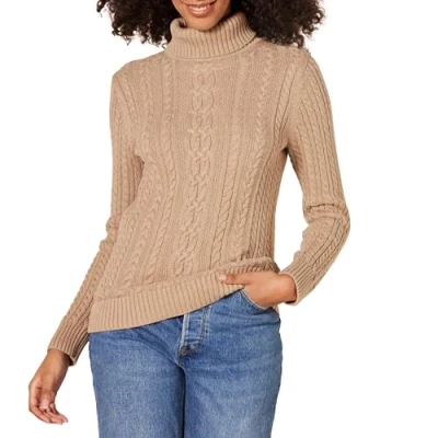 Imagen de Amazon Essentials Jersey de Cuello Vuelto y Punto Cable Tipo Pescador (Disponible en Tallas Grandes) Mujer, Camel Mezcla, XS