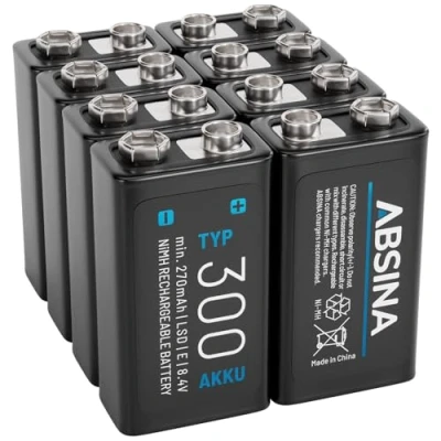 Imagen de ABSINA 8X Pilas 9V Recargables 300 con Baja Autodescarga Pila de Bloque NiMH 8,4V y al Menos 270mAh Recargable, Battery, bateria 9V, 6LR61, Recargable 6F22