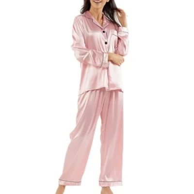 Imagen de 2 Piezas Pijama Saten Mujer Largo, Pijamas de Seda Conjunto Satén para Manga Larga Satén, Cómodo y Elegante, con Botones Bolsillos, Rosa, S