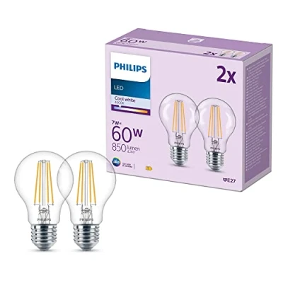 Imagen de Philips Bombilla LED clásica transparente 7W (Eq. 60W) 850 lúmenes, casquillo E27, Luz Fría (4000K) Pack de 2 Bombillas