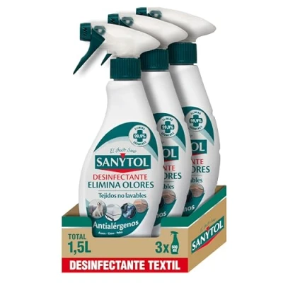 Imagen de Sanytol Spray Elimina Olores Desinfectante para Textiles, Malos Persistentes y Neutraliza Alérgenos, Sin Lejía Pack de 3 x 500 ml = 1,5L