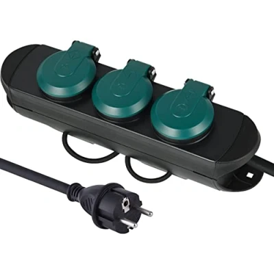 Imagen de Electraline 62572 Regleta Base Multiple Profesional para Exteriores, 3 Tomas Schuko con Enchufe IP44, Cable de goma H07RN F 3G1.5 1,4 metros