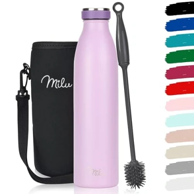 Imagen de Milu botella de acero inoxidable 350ml 500ml 750 ml 1 L 1,5 agua aislada, termo a prueba fugas, doble pared, apta para ácido carbónico + cepillo limpieza (Lilac, 750ml)