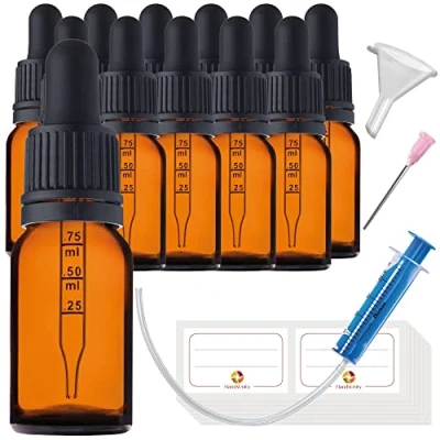 Imagen de HandsUnity 10ml 12 piezas Frasco de Pipeta Vidrio Juego Boticario Hecho Ámbar con tapa Negra que Incluye 29 Accesorios Botellas Marrón