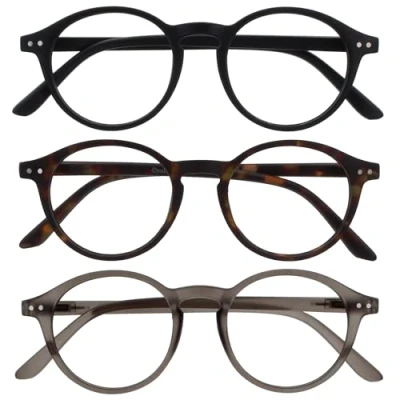 Imagen de OPULIZE REY Gafas de Lectura Pack 3 Montura Redonda Retro Negro Mate, Carey Marrón, Gris Hombre Mujer Bisagras Muelle RRR56 127 +2.00