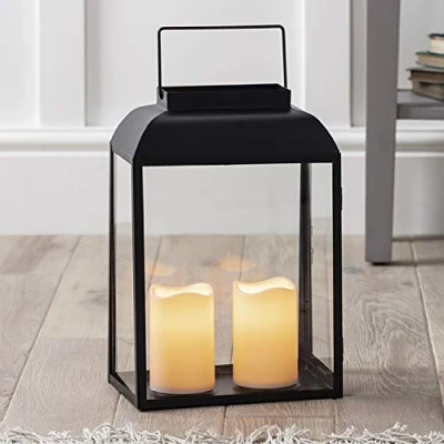 Imagen de Lights4fun Farolillo de Metal Negro 35cm con 2 Velas LED a Pilas para Interiores y Exteriores