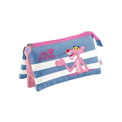 Imagen de DOHE Estuche Escolar 3 Compartimentos Cierre de Cremalleras, Licencia Oficial, Poliéster Resistente, 23x12x2,5 cm, Material Pink Panther Stripes