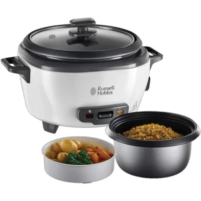 Imagen de Russell Hobbs Arrocera 6 Raciones, Olla Mediana, Bandeja para Cocinar al Vapor, Función Mantener el Calor, Recipiente Antiadherente, Taza y Cuchara Medidora, Tapa Cristal, 300 W Plata