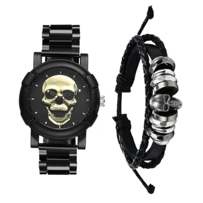 Imagen de JewelryWe Reloj Pulsera Calavera Hombre: Juego de Cuarzo Analógico Redondo Vintage Steampunk Correas Acero Inoxidable Extraíble Plata para Fiesta Ocio Negocios Regalos
