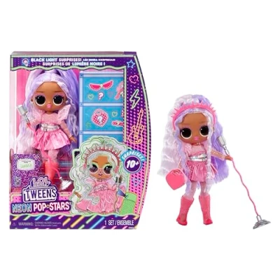 Imagen de L.O.L. Surprise! Tweens Neon Pop Stars Kitty K 1 Muñeca de Moda, con Sorpresas Retroiluminadas y 10+ Modas Accesorios Estrella Pop, Base Retro para Micrófono, Niños +4 Años