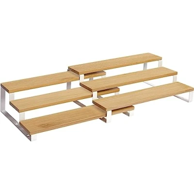 Imagen de SONGMICS Estante para Especias, Juego de 2 Estantes Armario, Especiero Extensible 3 Niveles, Madera Ingeniería, Apilable, Despensa, Encimera, Beige Natural y Blanco Nube KCS016N02