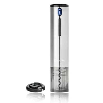Imagen de Qpractiko Sacacorchos Eléctrico Recargable Abre hasta 70 Botellas Batería de Litio, Luz LED Incluye Corta Cápsulas y USB, Plata, Acero Inoxidable