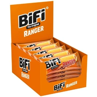 Imagen de BiFi Ranger Pack de 20 unidades 60 g, salchichas con alubias y beicon envueltos en hojaldre, snack original salami para llevar, viaje, oficina o deporte, carne vacuno cerdo