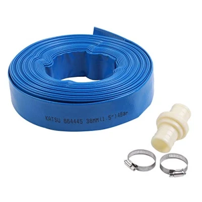 Imagen de KATSU Manguera Plana para Descarga de Agua 20 m x 38 mm, con 2 Clips y Conector, Se Adapta a Bombas Sumergibles Otras Drenar Estanques, Riego Jardines, Piscinas, Azul 664445