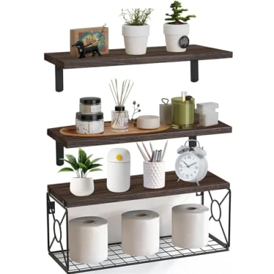 Imagen de LeapBeast Estantes flotantes con cestas Colgantes,Estantes de Pared Madera,Estanteria Pared,Estantes flotantes,Estantes Rústico para Dormitorio,Cocina,Baño,Sala Estar (A02)