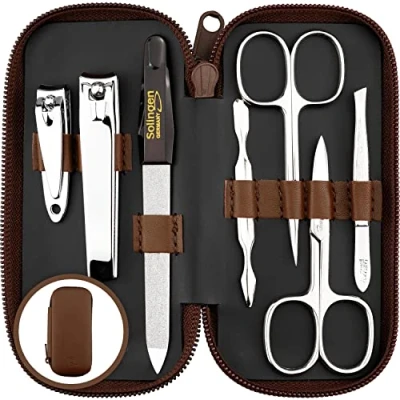 Imagen de marQus Set manicura de 7 piezas Solingen y pedicura en estuche piel con 2 tijeras, cortaúñas, lima, retira cutículas pinza, kit para hombre mujer