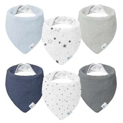 Imagen de lulumoon Babero para Bebé, Muselina Bebé,100% Algodón Transpirable pañuelo triangular Niños y Niñas 6 Unidades,Estrellas