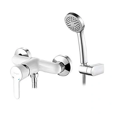 Imagen de Ibergrif, M12022w Square, Completo de, Grifo, Mezclador de Ducha con Alcachofa, Soporte, Manguera, Blanco/Plata
