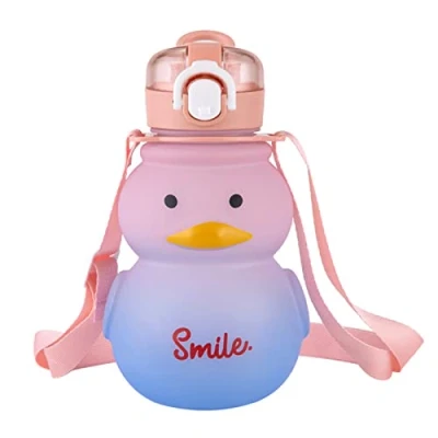Imagen de Merrwon Kawaii botella de agua 650 ml, pato sin BPA, con popote y correa, taza portátil a prueba fugas para mujeres niños, deportes al aire libre, viajes