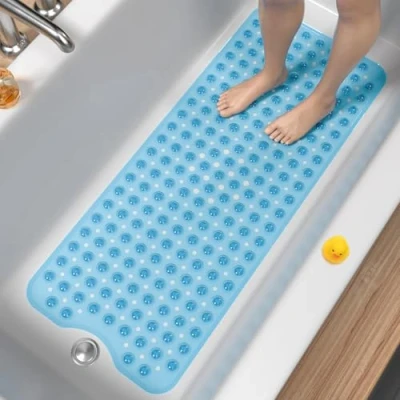 Imagen de HITSLAM Alfombra de bañera Antideslizante, 101x40cm Extra Grande Ducha Antideslizante con Ventosa, Resistentes al Moho y Lavables a máquina baño, Azul