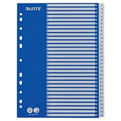 Imagen de Leitz 12526001 Hojas separadoras (plástico, filas numeradas del 1 31, A4), color azul y blanco
