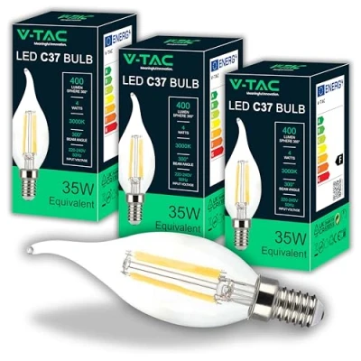 Imagen de V TAC 3x Bombillas LED Vela Flame Filamento E14 4W (Equivalente a 35W) 400 Lumen Bombilla Máxima Eficiencia y Ahorro Energético Luz Blanco Cálido 3000K