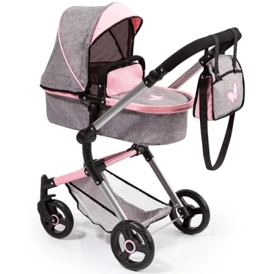 Imagen de Bayer Design Cochecito de Muñecas Neo Vario Combolso Cambiador, Convertible, Plegable, Color Vaqueros Grises, Rosa, Mariposa (18433Aa)
