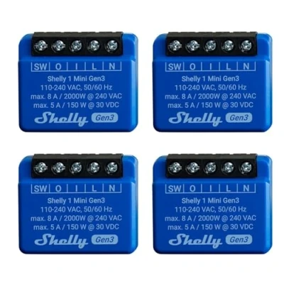Imagen de Shelly 1 Mini Gen 3 4 unidades WiFi &amp; Bluetooth Smart Switch Relais canal 8A Domótica Compatible con Alexa y Google Home Aplicación iOS Android No requiere hub Contactos secos