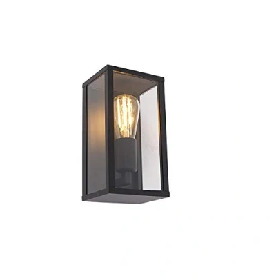 Imagen de QAZQA Aplique industrial negro 26cm IP44 CHARLOIS Aluminio/Vidrio Rectangular Adecuado para LED Max. 1 x 40 Watt