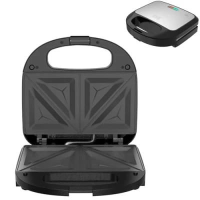 Imagen de KROWN Sandwichera Doble 750W con Placas Antiadherentes Triangulares, Libre de BPA, Indicador LED, Asa Tacto Frío, Diseño Compacto en Acero y Negro (2 Sandwiches)