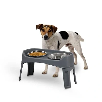 Imagen de Iris Ohyama, Cuencos Dobles elevados con Soporte Desmontable para Perros Movilidad Limitada, Grandes extraíbles, de Borde Alto, Dog Feeder PEF L, Gris