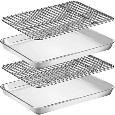Imagen de Umiten bandeja y estante para hornear [2 hojas + 2 estantes], galletas de acero inoxidable con enfriamiento, a cuadros, apta horno, no tóxica,
