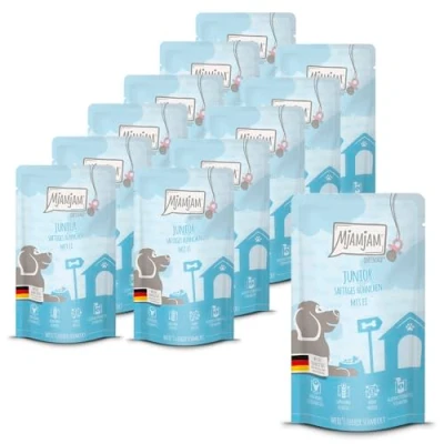 Imagen de MjAMjAM Comida húmeda Premium para Perros Quetschie Júnior Pollo jugoso con Huevo, Pack de 12 (12 x 125g), sin Cereales Extra Carne