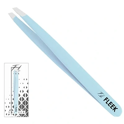 Imagen de Fleek pinzas de cejas profesionales acero inoxidable, inclinadas para vello facial, mujeres y hombres (azul cielo)